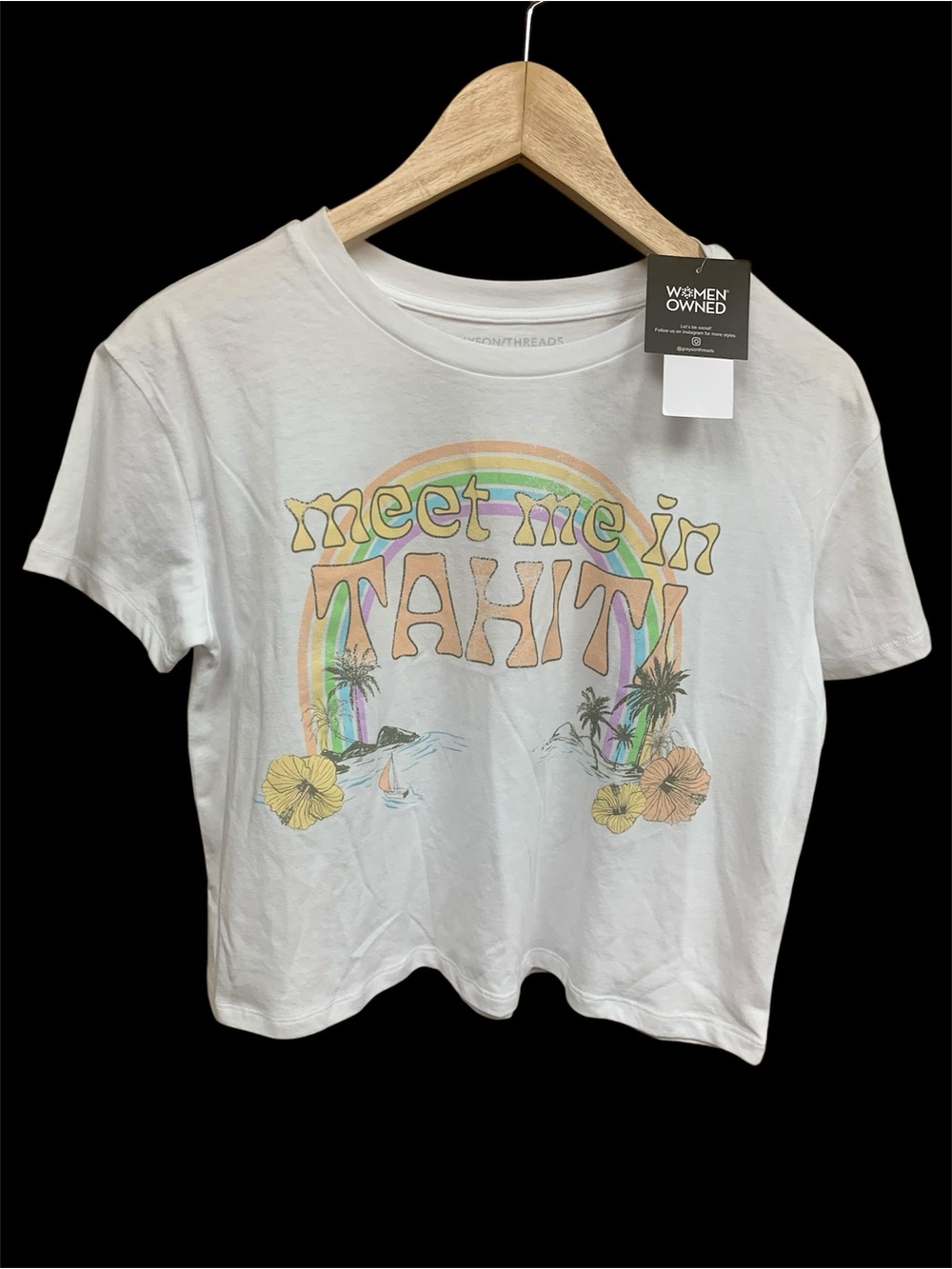 Grayson Threads White CropTee with Pastel Rainbow 'Meet Me in Tahiti' Graphic